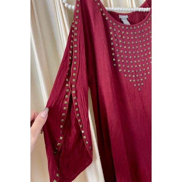Burgundy Red Women's Cold Shoulder Top with Studded Design L - Picture 2 of 4